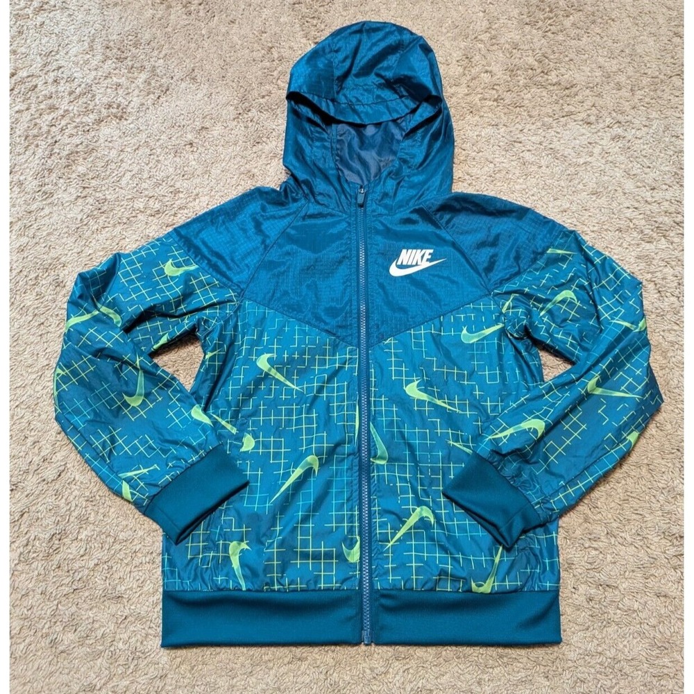 Nike Abyss Windrunner Jacket Youth Boys Sz M Blue Green Grid All Over DA0758-301